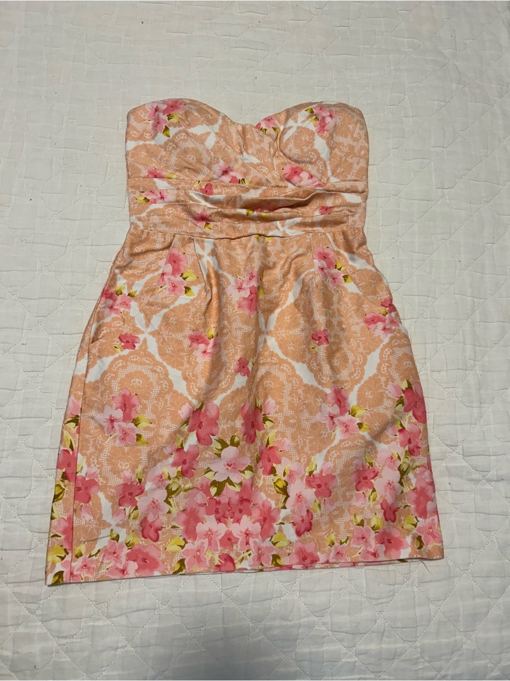 Vintage 90s/Y2K Floral Pink and Peach Dress Strapless size S